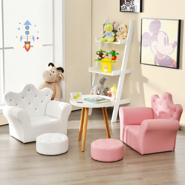 Canapé princesse rembourré pour enfants avec pouf et décoration en diamant - Blanc