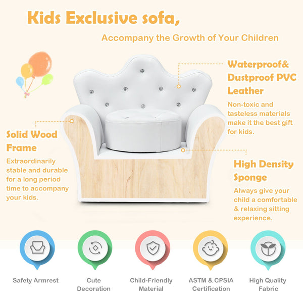 Canapé princesse rembourré pour enfants avec pouf et décoration en diamant - Blanc