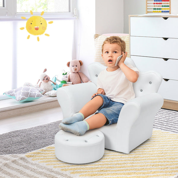 Canapé princesse rembourré pour enfants avec pouf et décoration en diamant - Blanc