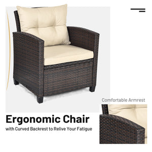 3-Piece Upholstered Rattan Patio Conversation Set with Coffee Table - Beige