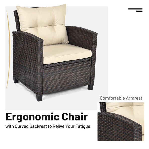 3-Piece Upholstered Rattan Patio Conversation Set with Coffee Table - Beige