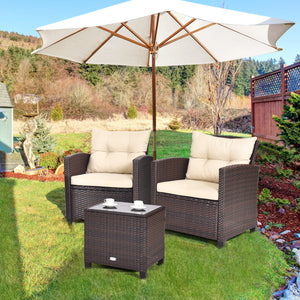 3-Piece Upholstered Rattan Patio Conversation Set with Coffee Table - Beige