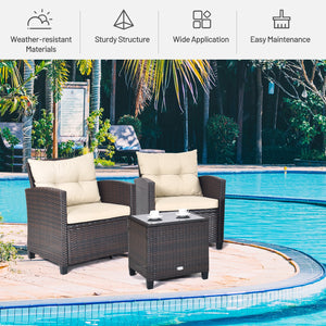 3-Piece Upholstered Rattan Patio Conversation Set with Coffee Table - Beige