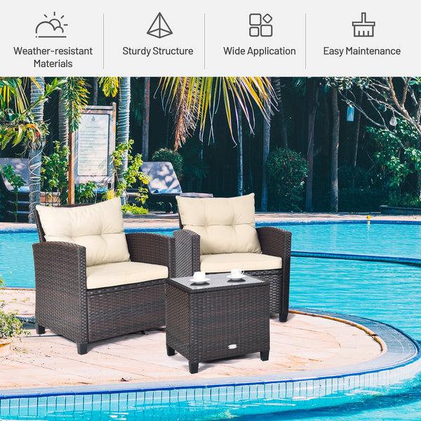 3-Piece Upholstered Rattan Patio Conversation Set with Coffee Table - Beige