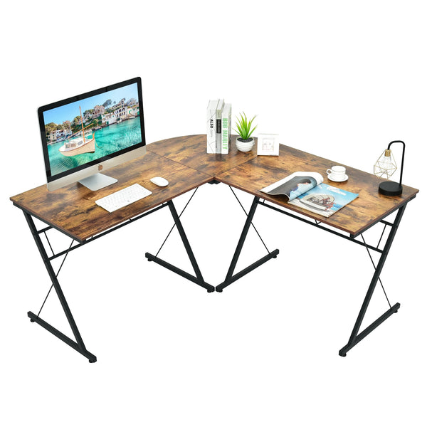 Bureau d'ordinateur en L de 59 po avec structure métallique – Bureau d'angle brun modulable