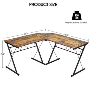 Bureau d'ordinateur en L de 59 po avec structure métallique – Bureau d'angle brun modulable