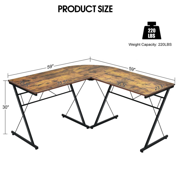 Bureau d'ordinateur en L de 59 po avec structure métallique – Bureau d'angle brun modulable