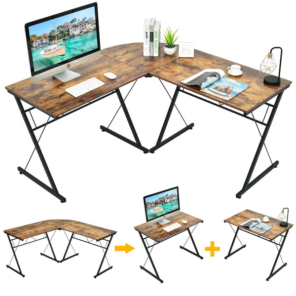 Bureau d'ordinateur en L de 59 po avec structure métallique – Bureau d'angle brun modulable
