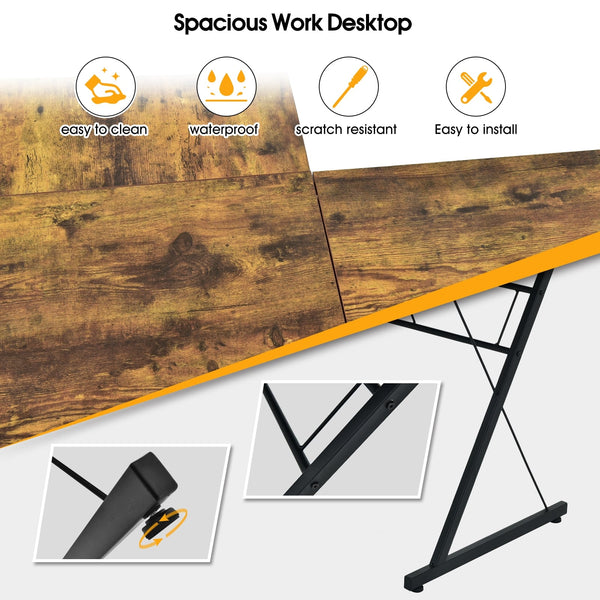 Bureau d'ordinateur en L de 59 po avec structure métallique – Bureau d'angle brun modulable
