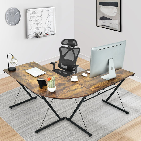Bureau d'ordinateur en L de 59 po avec structure métallique – Bureau d'angle brun modulable