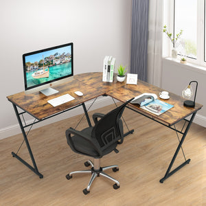 Bureau d'ordinateur en L de 59 po avec structure métallique – Bureau d'angle brun modulable