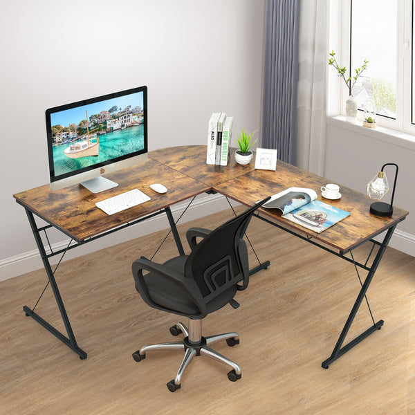 Bureau d'ordinateur en L de 59 po avec structure métallique – Bureau d'angle brun modulable