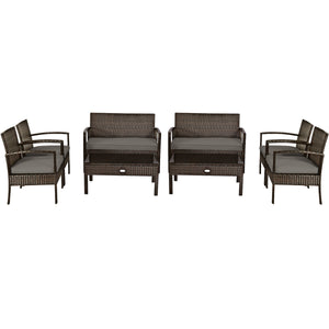 Set of 4 upholstered rattan patio furniture pieces - brown