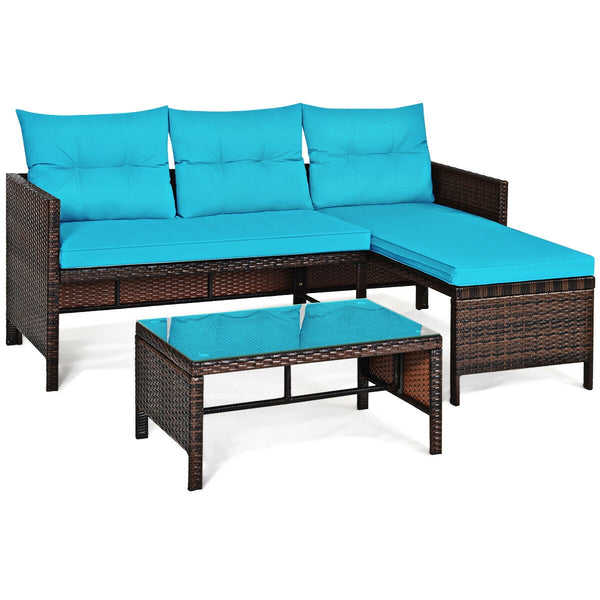 3-Piece Rattan Corner Patio Sofa Set - Turquoise