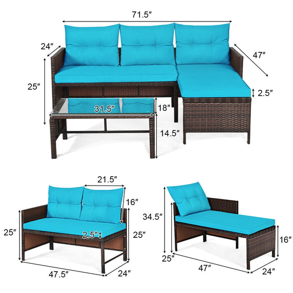 3-Piece Rattan Corner Patio Sofa Set - Turquoise