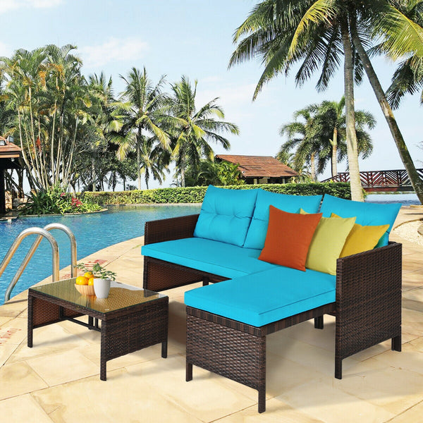 3-Piece Rattan Corner Patio Sofa Set - Turquoise