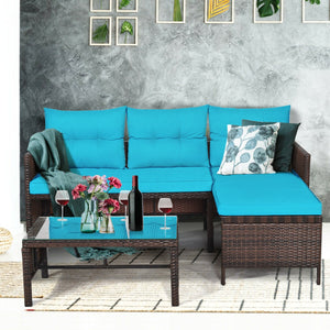 3-Piece Rattan Corner Patio Sofa Set - Turquoise