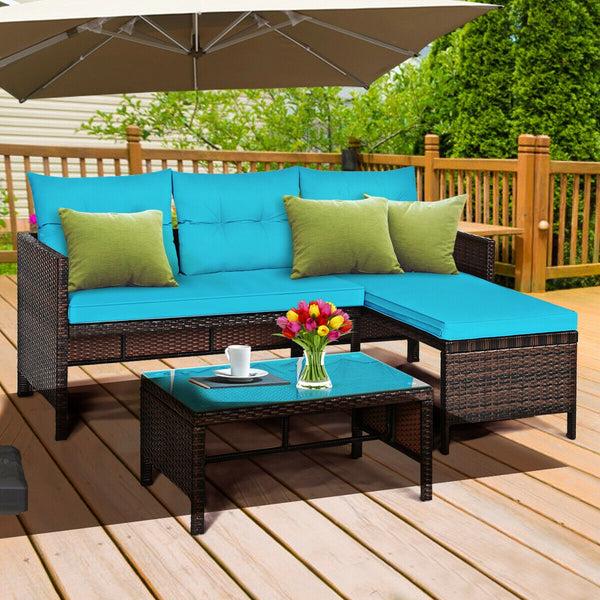 3-Piece Rattan Corner Patio Sofa Set - Turquoise