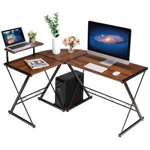 Bureau d'ordinateur en forme de L avec support de moniteur et plateau hôte - Noyer