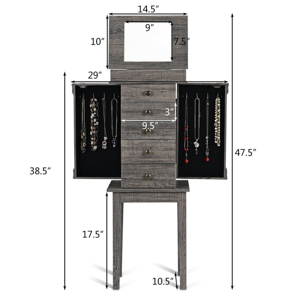 Standing jewelry armoire storage organizer with wooden legs