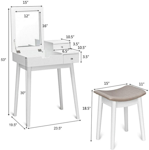 Ensemble de coiffeuse de vanité tabouret de meubles de bureau miroir rabattable