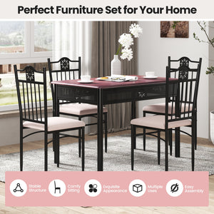 5-piece dining set in wood and metal: table and 4 chairs with cushions