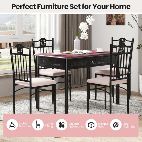 5-piece dining set in wood and metal: table and 4 chairs with cushions