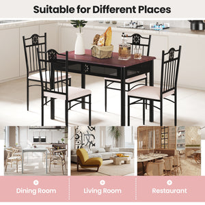 5-piece dining set in wood and metal: table and 4 chairs with cushions