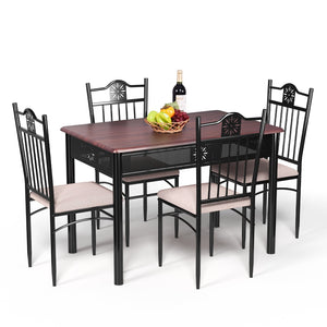 5-piece dining set in wood and metal: table and 4 chairs with cushions
