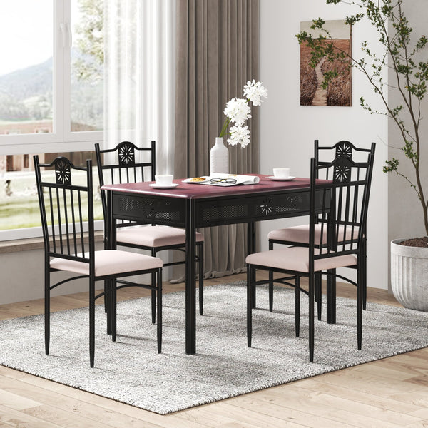 5-piece dining set in wood and metal: table and 4 chairs with cushions