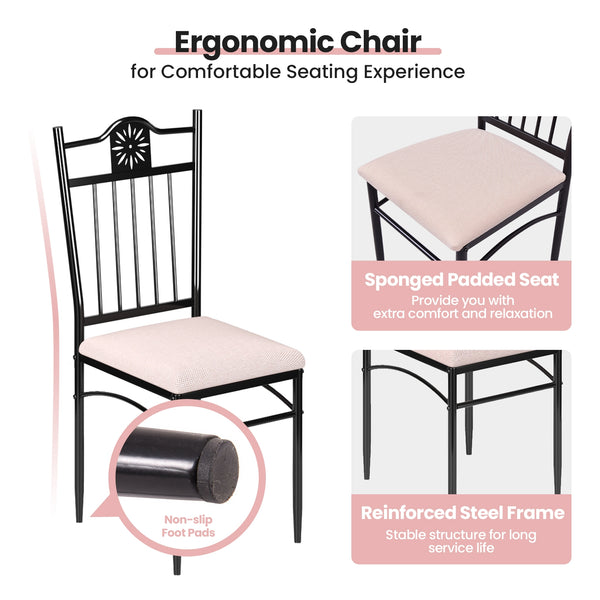 5-piece dining set in wood and metal: table and 4 chairs with cushions