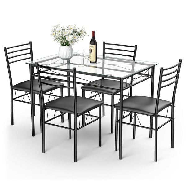 5-piece dining table with glass top and 4 upholstered chairs