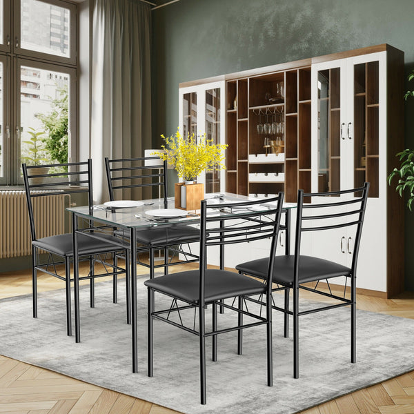 5-piece dining table with glass top and 4 upholstered chairs