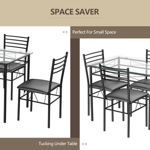 5-piece dining table with glass top and 4 upholstered chairs