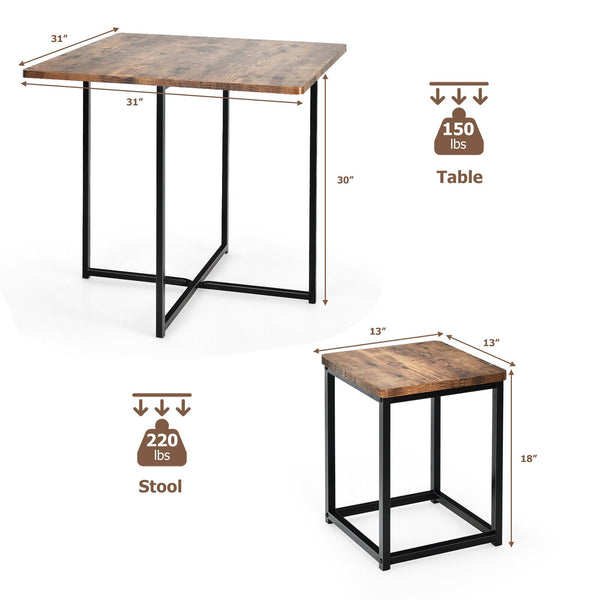 Ensemble de salle à manger 5 pièces avec cadre en métal et table à manger compacte et 4 tabourets - Noyer