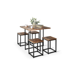Ensemble de salle à manger 5 pièces avec cadre en métal et table à manger compacte et 4 tabourets - Noyer