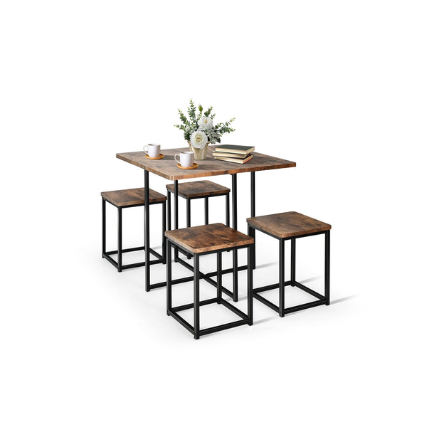 Ensemble de salle à manger 5 pièces avec cadre en métal et table à manger compacte et 4 tabourets - Noyer