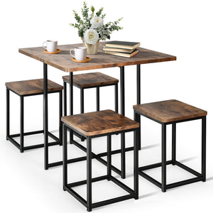 Ensemble de salle à manger 5 pièces avec cadre en métal et table à manger compacte et 4 tabourets - Noyer