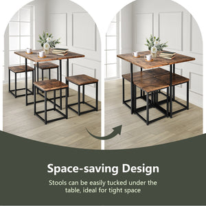 Ensemble de salle à manger 5 pièces avec cadre en métal et table à manger compacte et 4 tabourets - Noyer