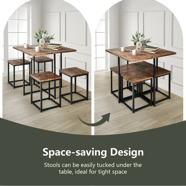 Ensemble de salle à manger 5 pièces avec cadre en métal et table à manger compacte et 4 tabourets - Noyer