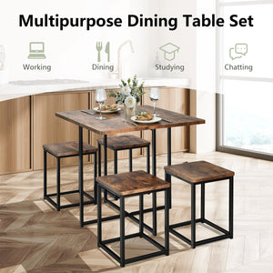 Ensemble de salle à manger 5 pièces avec cadre en métal et table à manger compacte et 4 tabourets - Noyer