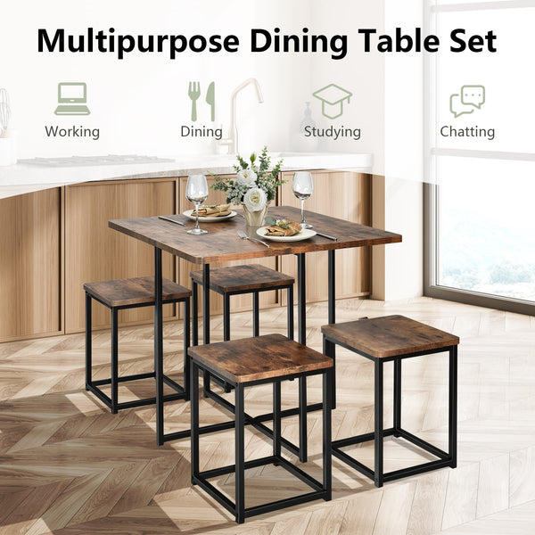 Ensemble de salle à manger 5 pièces avec cadre en métal et table à manger compacte et 4 tabourets - Noyer