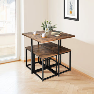 Ensemble de salle à manger 5 pièces avec cadre en métal et table à manger compacte et 4 tabourets - Noyer