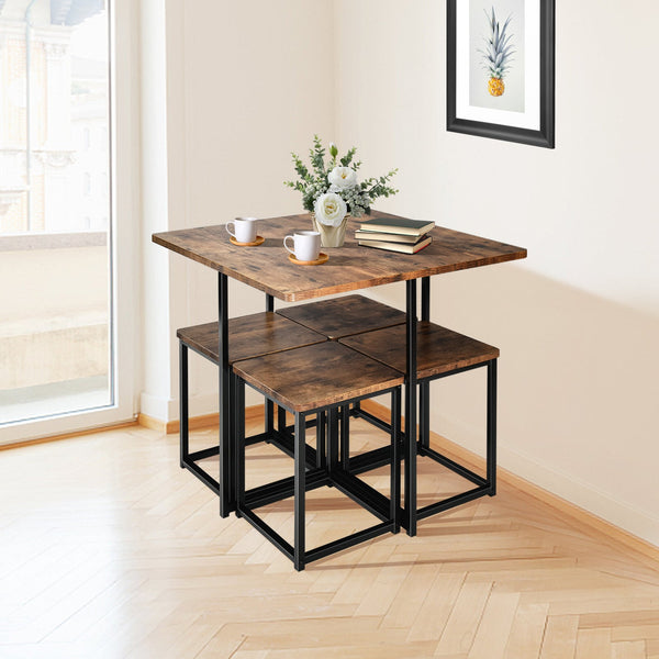 Ensemble de salle à manger 5 pièces avec cadre en métal et table à manger compacte et 4 tabourets - Noyer