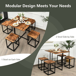 Ensemble de salle à manger 5 pièces avec cadre en métal et table à manger compacte et 4 tabourets - Noyer