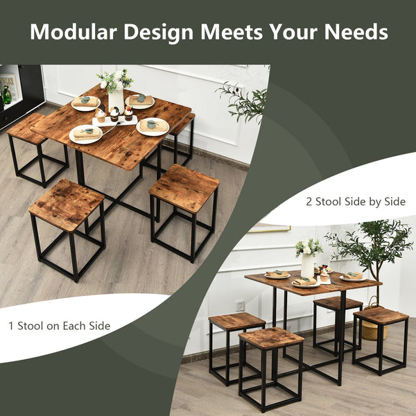 Ensemble de salle à manger 5 pièces avec cadre en métal et table à manger compacte et 4 tabourets - Noyer