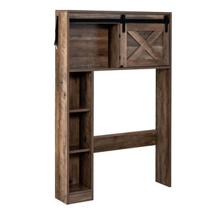 Armoire de rangement à 4 niveaux au-dessus des toilettes avec porte de grange coulissante et étagères de rangement-marron