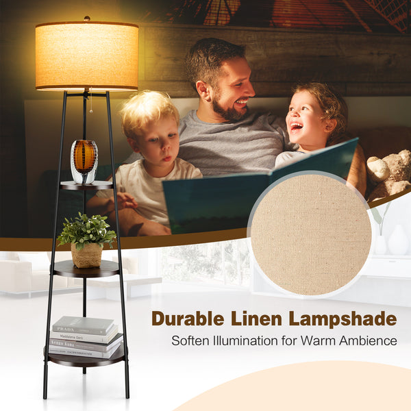 Floor lamp with storage shelves and linen lampshade