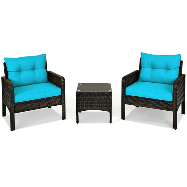 3-Piece Outdoor Patio Rattan Conversation Set with Seat Cushions - Turquoise