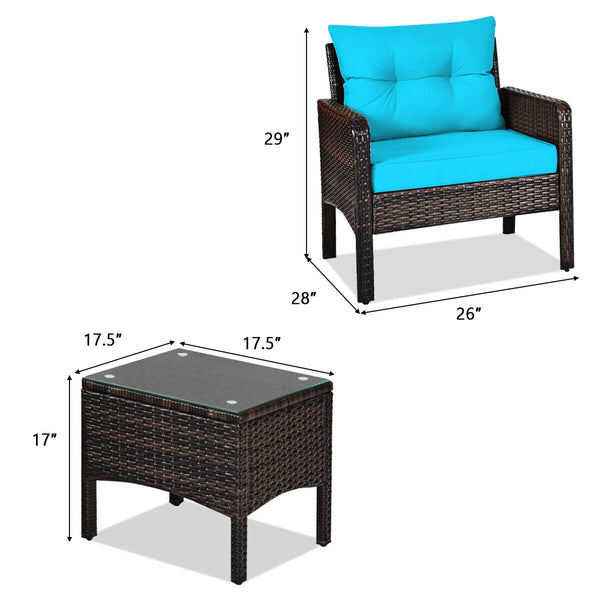 3-Piece Outdoor Patio Rattan Conversation Set with Seat Cushions - Turquoise